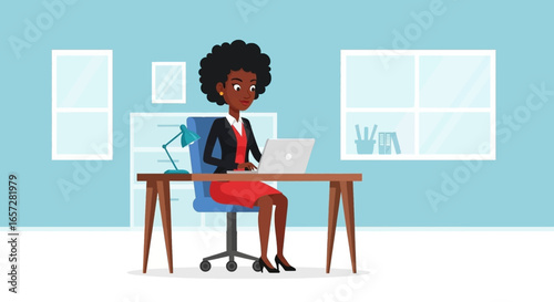 Professional African American businesswoman working diligently on her laptop at an office desk, illustrating productivity and modern work life.