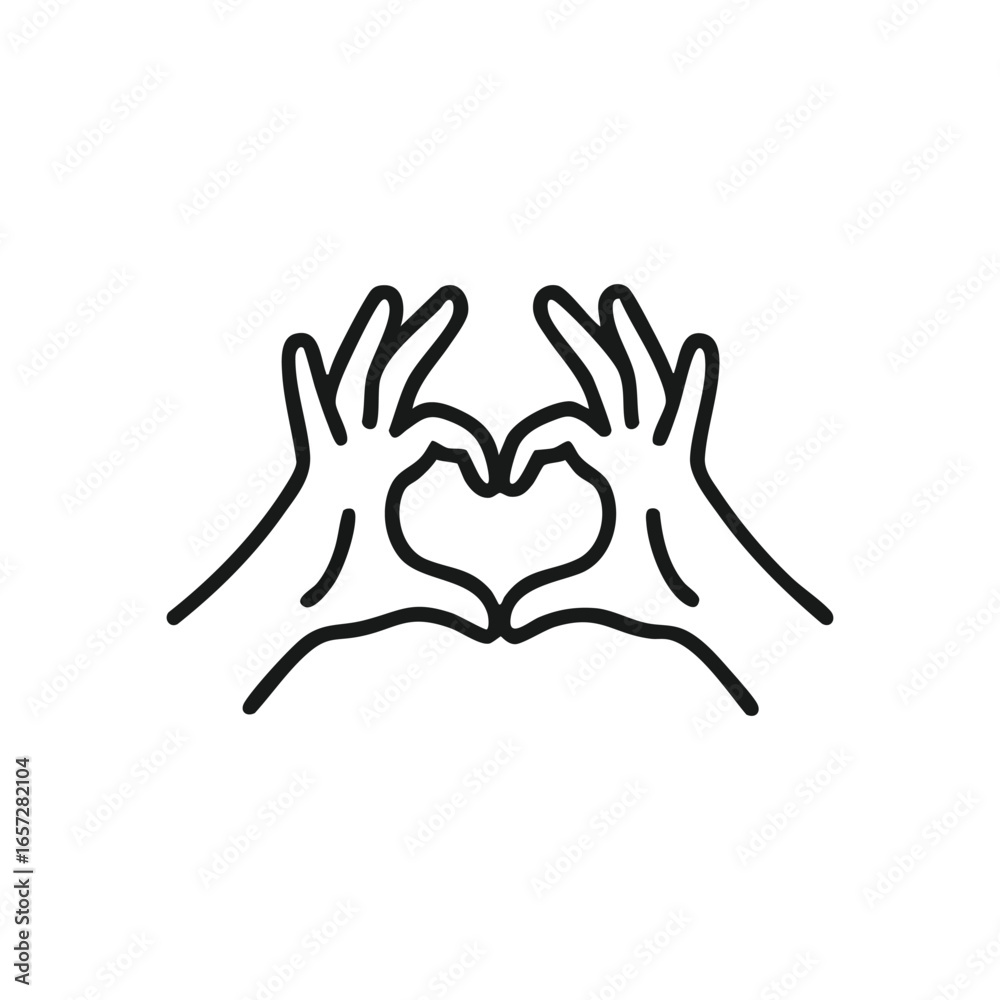 Obraz premium Love Hand Gesture Icon. This image portrays kindness, compassion, and unity. A minimalist design showing human palms creating a white heart outline on a dark backdrop.