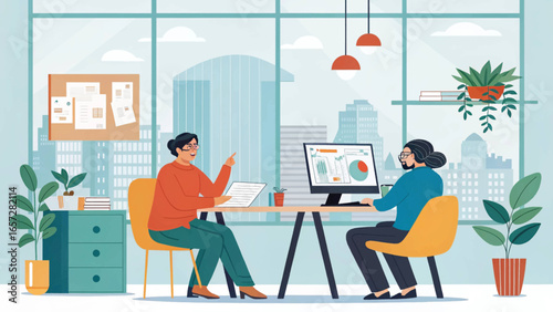Two professionals collaborate in a modern office, discussing data and strategy. Ideal for business, teamwork, and corporate finance.