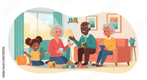 Happy multi-generational family bonding at home. Grandparents engage with their cheerful granddaughter, fostering intergenerational connection and care.