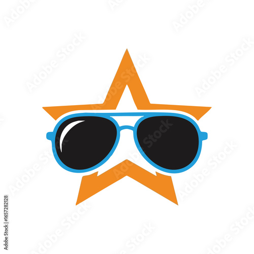 Superstar Shades Icon. Vibrant orange symbol sporting sleek blue-framed aviators. Represents celebrity aura, cool confidence, and entertainment fame.