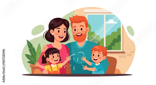 Happy family enjoying quality time at home. Parents and children smiling, symbolizing love, care, and a joyful domestic life.