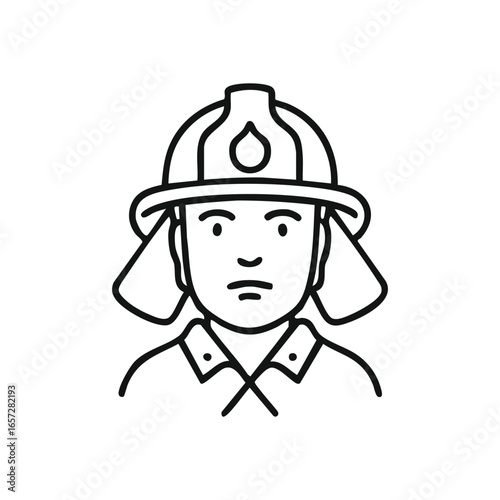 Firefighter Professional Icon. Minimalist outline of a courageous emergency responder wearing protective headgear. This graphic represents heroism, protection, and vital community service.