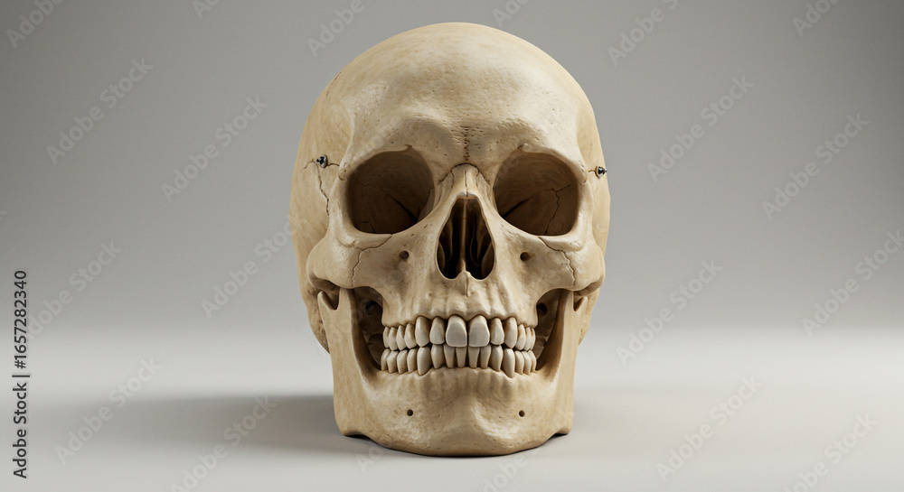 Fototapeta premium Realistic human skull with detailed texture and subtle cracks, perfect for medical or artistic concepts.