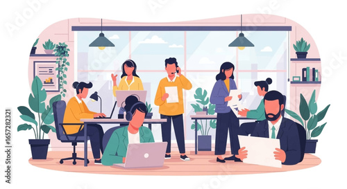 Diverse team of professionals collaborating in a modern office. Illustrates teamwork, productivity, communication, and a dynamic work environment. Ideal for business and corporate themes.