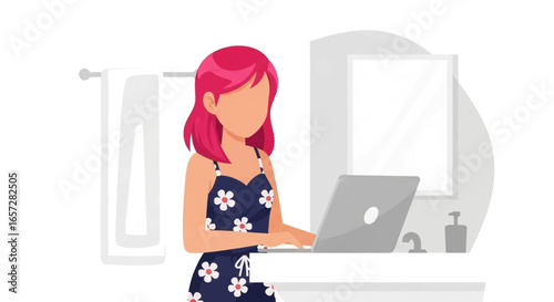 Young woman in a nightdress working on her laptop in the bathroom, blending personal space with remote work.