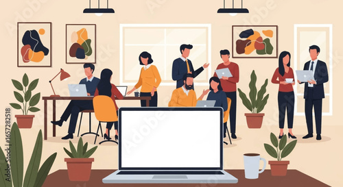 Diverse team collaborating in a modern office, with a foreground laptop screen ready for your custom content, ideal for business and technology themes.