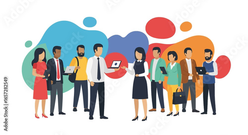 A diverse group of professionals collaborating in a dynamic business environment, representing teamwork, communication, and modern digital work.