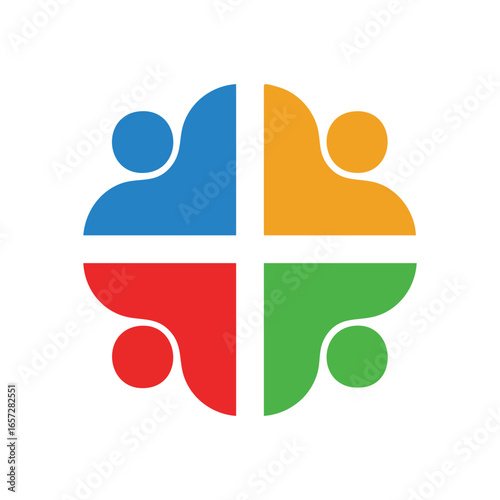 Diverse Human Connection Unity. Abstract figures in a colorful circle represent social harmony, teamwork, and collective strength. Ideal for concepts of inclusion and partnership.