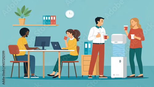 Diverse team working and taking a break in a modern office. Illustrates productivity, collaboration, and a friendly workplace environment. Ideal for business concepts.