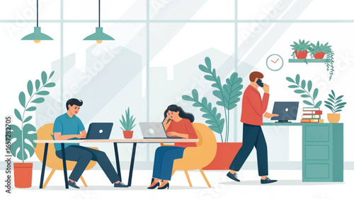 Modern flat design illustration of diverse professionals working in a bright, open office space. Ideal for business, technology, or collaborative work themes.