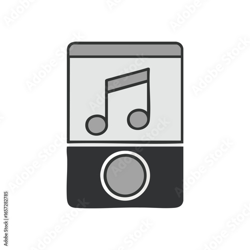 Grayscale Music Player Interface Icon. Minimalist audio gadget illustration featuring a melodic symbol on its display and a circular button. Embodying digital tunes and enjoyment.