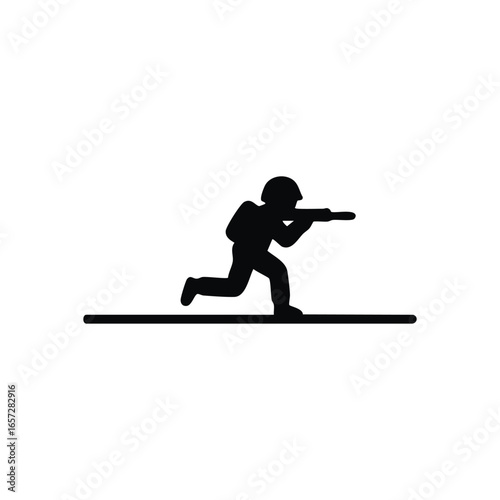 Military Soldier Icon Silhouette. An armed forces operative advances with purpose, symbolizing determination, readiness, and strategic movement in a combat zone. Ideal for military themes.