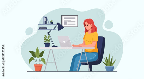 Woman working remotely on a laptop at a modern home office desk, surrounded by plants. Ideal for concepts of productivity, freelance, and lifestyle.