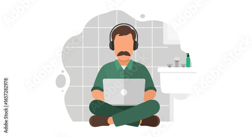 Man with headphones using laptop, working or studying remotely from home, illustrating flexible work arrangements or online learning.