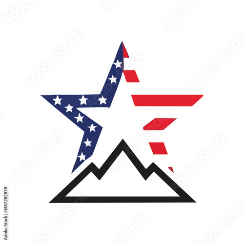 American Flag Star Mountain Emblem. This striking insignia combines a USA patriotic star with majestic peaks, symbolizing national spirit, rugged freedom, and the grandeur of American landscapes.