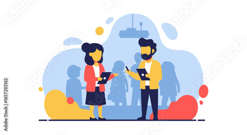 Professional colleagues engaged in a discussion or presentation, utilizing technology in a modern business environment. Ideal for corporate communication and teamwork concepts.