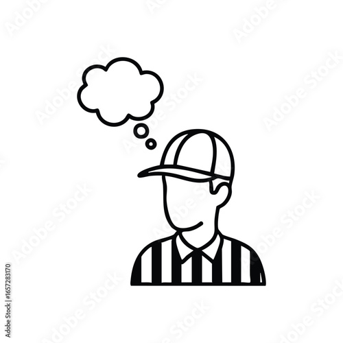 Umpire Reflects on Game Play. Monochromatic silhouette of an official with a thought bubble, symbolizing careful deliberation or a difficult judgment in sports. Perfect for concepts of rules and.