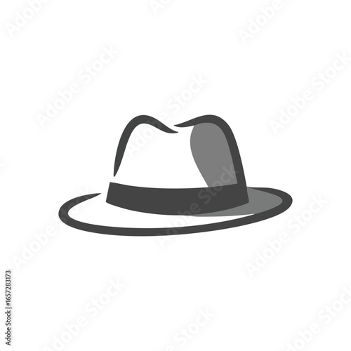 Mysterious Gray Fedora Icon. Sleek illustration of a traditional dark hat, representing enigma, discretion, and timeless fashion. Ideal for spy, detective, or anonymous concepts.