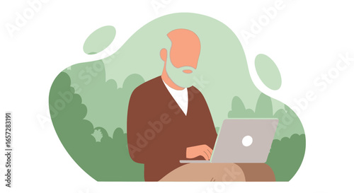 Elderly man with grey beard using a laptop, representing digital literacy, online learning, and staying connected in retirement.