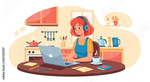 Smiling woman wearing headphones works on laptop at home. Modern lifestyle depicts remote work, online learning, or multitasking in a comfortable kitchen setting.