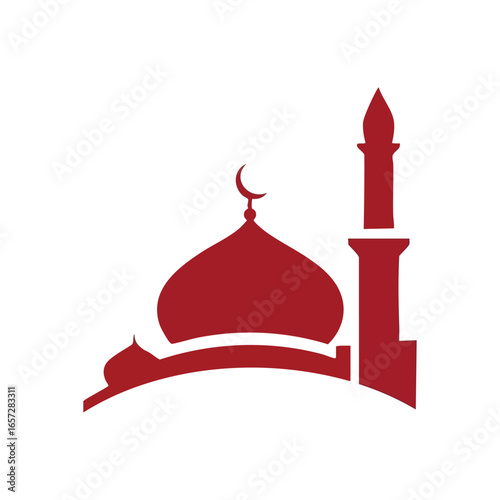 Islamic Mosque Silhouette Icon. A striking crimson outline of a revered edifice with a crescent, embodying tranquility, faith, and community in Muslim heritage.