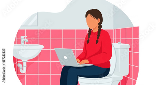 Woman working remotely on laptop while sitting on a toilet in a pink tiled bathroom, illustrating modern work flexibility or challenges.