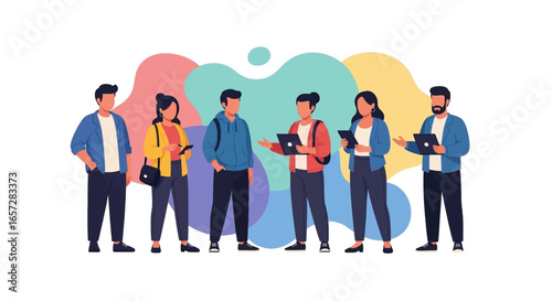 Diverse group of professionals or students collaborating, communicating, and utilizing technology in a modern, vibrant setting. Ideal for business, education, or lifestyle concepts.
