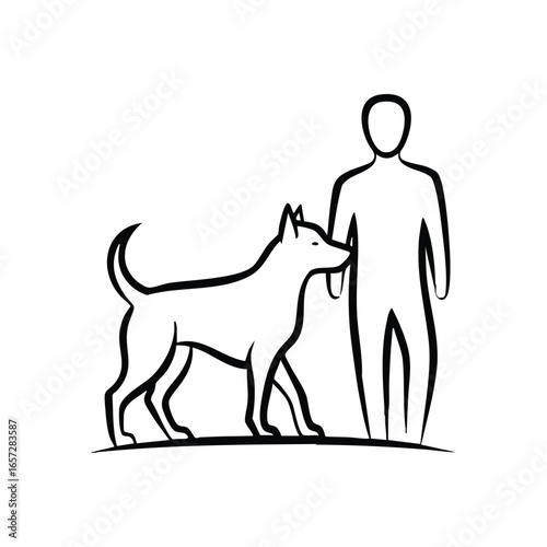 Human and Dog Companionship. A minimalist silhouette portrays an individual alongside their faithful pet. This icon embodies profound connection, unwavering loyalty, and mutual support.