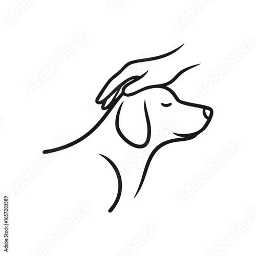Loving Hand Petting Loyal Dog. Minimalist outline of a kind hand gently caressing a peaceful canine head. This graphic symbolizes devotion, comfort, and the strong bond between human and animal.