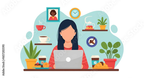 Woman working on a laptop from her comfortable home office setup, surrounded by coffee, plants, and snacks. Represents remote work and productivity.