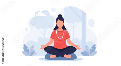 Woman meditating in lotus position, radiating calm and mindfulness in a serene natural setting. Ideal for wellness and mental health content.