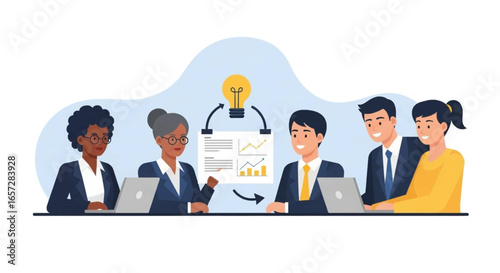 Diverse business team collaborating on new ideas and data analysis, fostering innovation and successful strategies in a professional setting.
