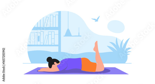 Woman illustration performing a relaxing yoga pose on a mat at home, fostering peace, fitness, and a healthy lifestyle. Ideal for wellness and self-care concepts.