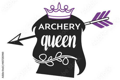Archery Queen striking bold with crown and purple arrow, a champion's triumphant spirit