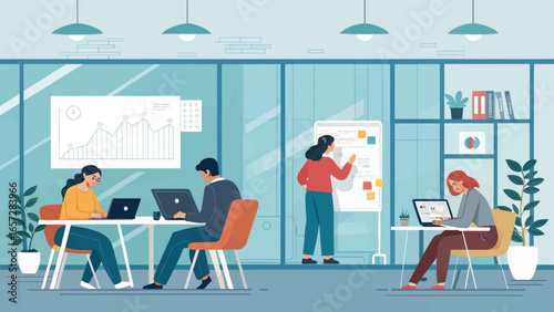 Diverse professionals collaborating and working productively in a modern, well-lit office environment, ideal for business and technology themes.