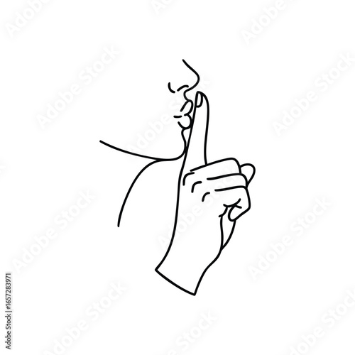 Keep Quiet Gesture. A human hand with an index finger on the mouth, indicating a call for complete hush. This powerful symbol represents discretion, tranquility, and the need for a silent moment.