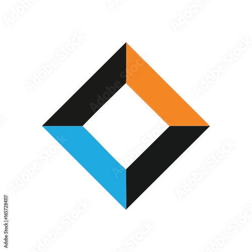 Free Download Dynamic Geometric Rhombus. Abstract visual featuring interconnected orange and blue shapes forming a three-dimensional cube-like design on a dark background. Represents innovation and connection. - GFXLoad