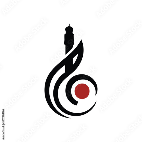 Abstract Red Dot Exclamation Mark. Minimalist graphic featuring a bold crimson circle and a sharp white pointer on a stark background. Evokes attention or a pivotal event.