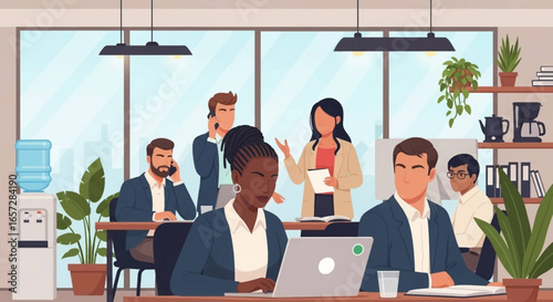 Diverse business team collaborating in a modern open-plan office, showcasing productivity and teamwork in a professional environment.