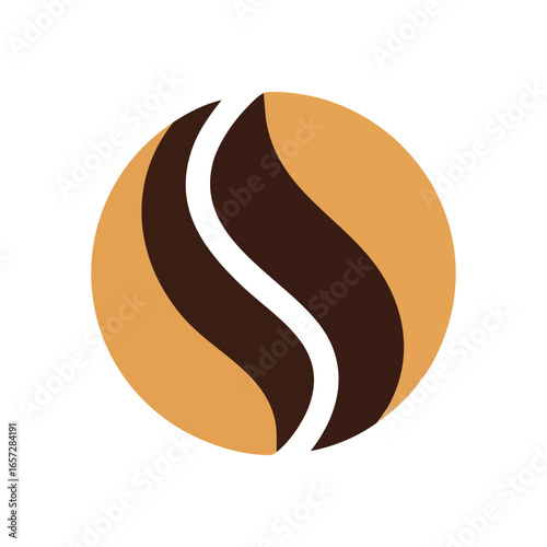 Coffee Bean Abstract Emblem. Modern graphic showcasing two brown, fluid elements within a tan sphere, representing vitality and rich taste.