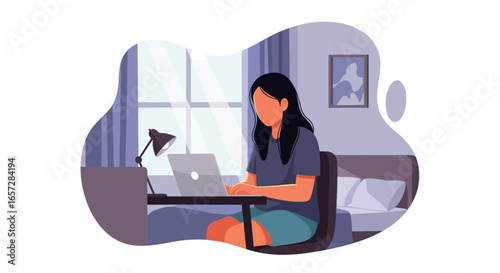 Young woman focused on laptop at home desk, depicting remote work, online learning, or digital lifestyle and productivity.