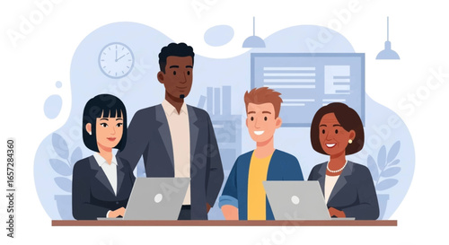 Diverse business team collaborating in a modern office. Ideal for concepts of teamwork, professionalism, success, and diverse workforce.