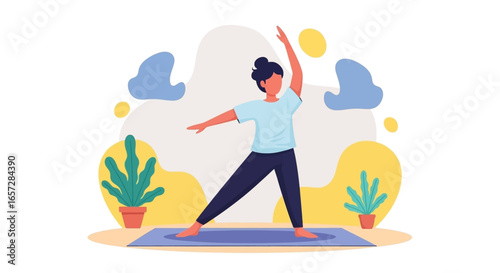 Woman stretches on a yoga mat, illustrating fitness, health, and a balanced lifestyle. Perfect for wellness and self-care themes.