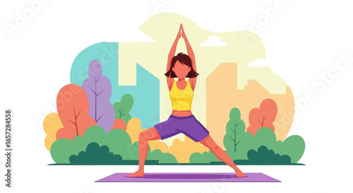 Woman practices yoga warrior pose outdoors on a mat, promoting balance, fitness, and a healthy lifestyle in a serene park setting. Ideal for wellness and exercise themes.