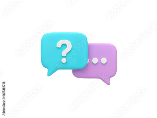 Two 3d speech bubbles with a question mark on a turquoise bubble and dots on a purple bubble isolated on transparent background