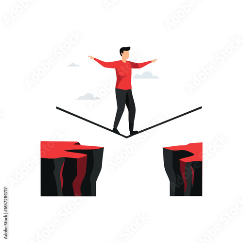 Tightrope Walker Crossing Chasm. An individual demonstrates incredible equilibrium navigating a precarious gap. This graphic illustrates concepts of progress, resilience, and achieving goals amidst.