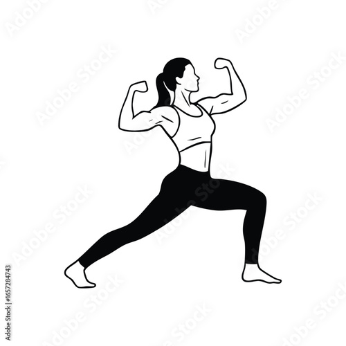 Powerful Woman Displays Muscular Form. This minimalist graphic showcases a formidable lady demonstrating her physical prowess. It symbolizes empowerment, resilience, and body confidence.