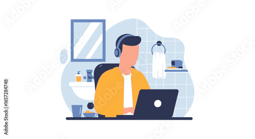 Man with headphones using laptop in a bathroom setting, symbolizing the flexibility and challenges of modern remote work from anywhere.