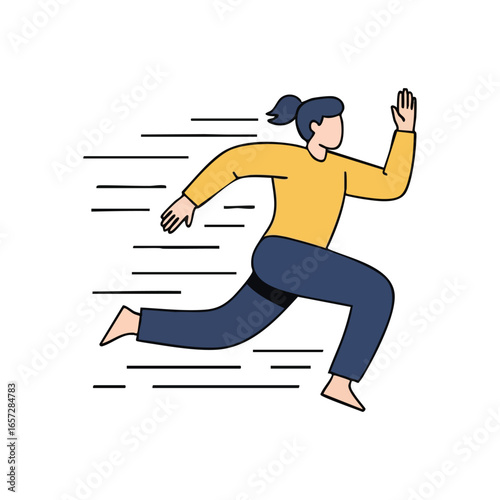 Dynamic Woman Sprinting Forward. Bold graphic of a female in swift motion, embodying forward momentum and efficiency. Perfect for themes of progress and urgency.